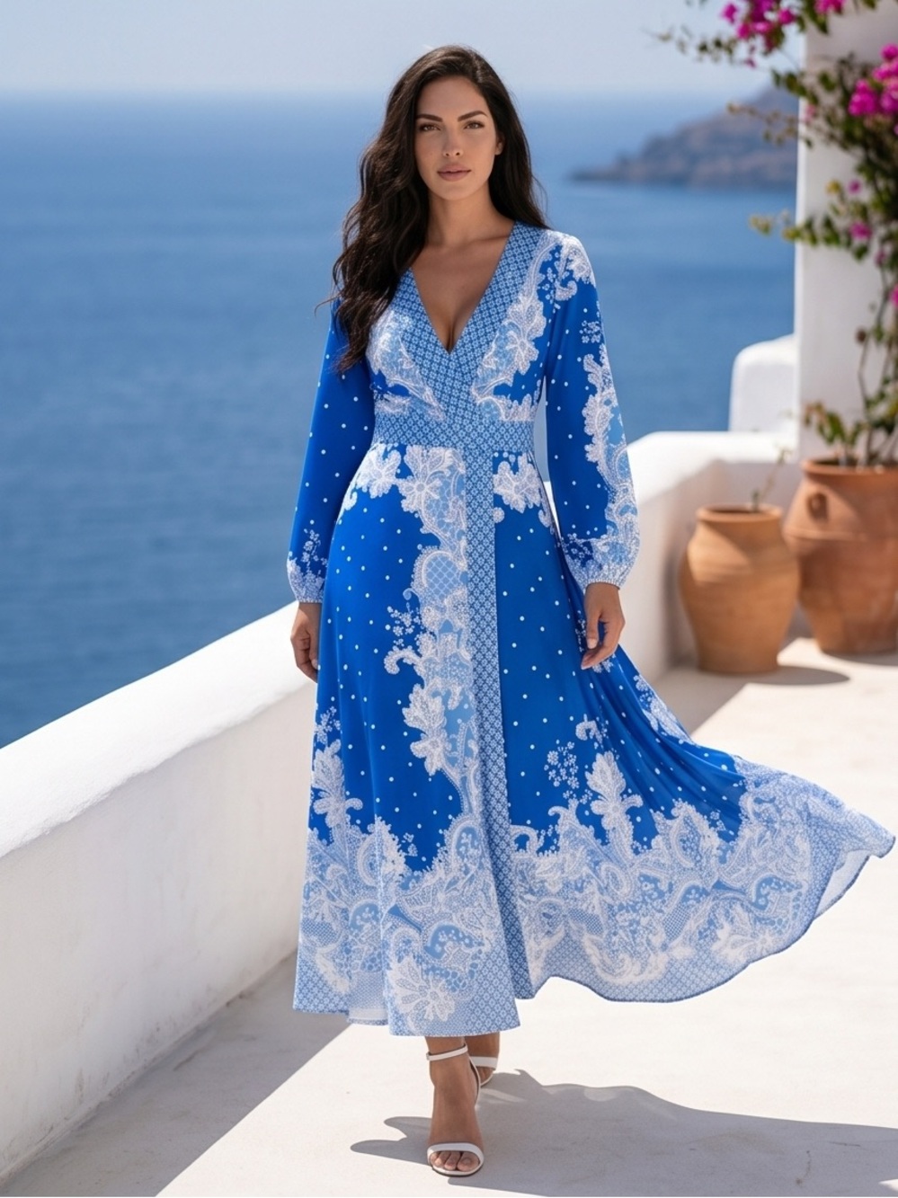 Karolina Blue and White Paisley Long Sleeve Wrap Maxi Dress Excellent Condition